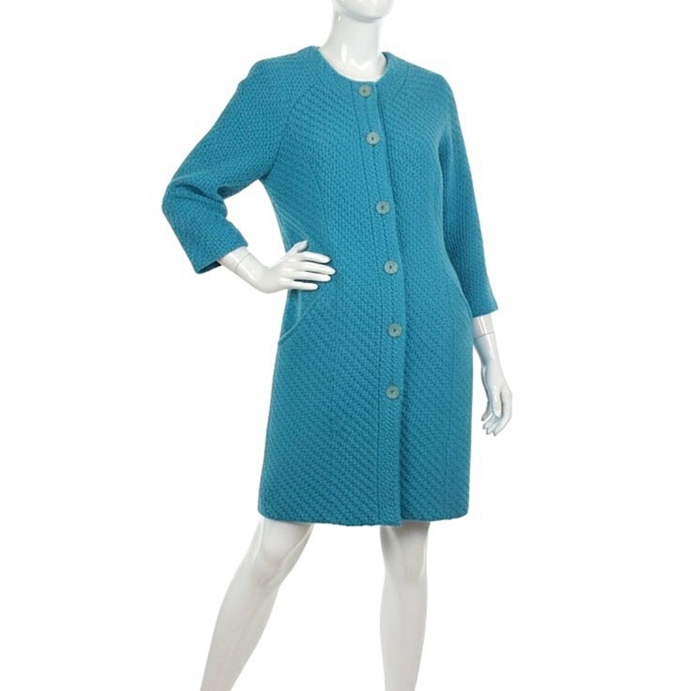 AZADEH Couture Blue Basketweave Coat Mother-of-Pearl Buttons 3/4 Sleeves Size 8